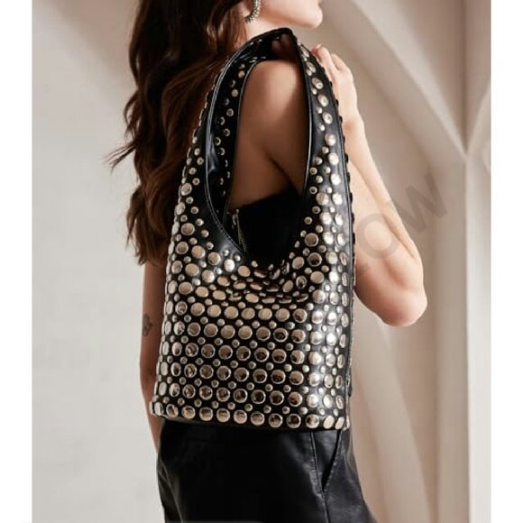 Studded Hobo Bag Y2K Punk Shoulder Purse Soft Leather Bucket Tote - Picture 4 of 8